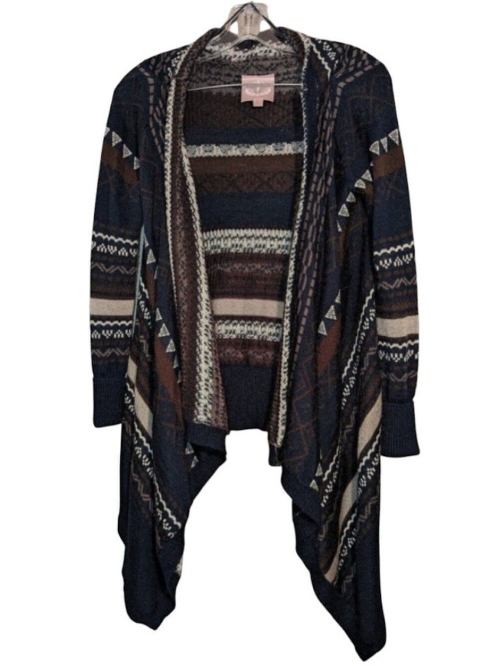 Romeo and Juliet Couture MED. Wool Blend Cardigan Brown Navy Cream Asymmetrical